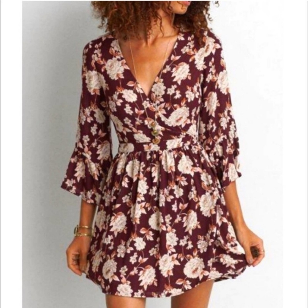 American Eagle Outfitters Wrap Dress, Burgandy Floral, 3/4 Sleeves, Size S